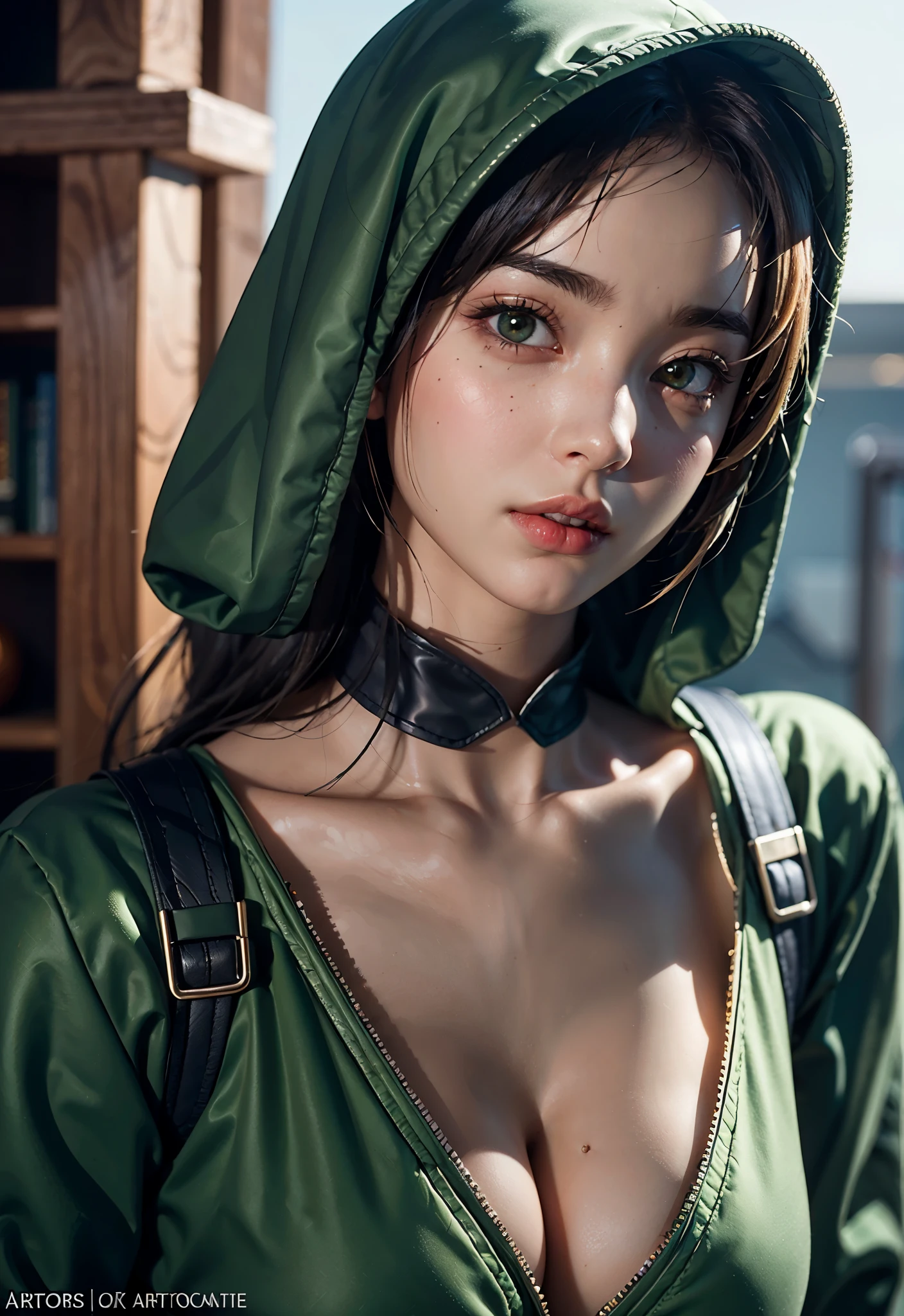 Cinematic soft lighting illuminates Tati Gabrielle (Tati Gabrielle) Close-up,She is wearing green clothing,Wearing a hood,Extremely detailed and ultra-realistic, Mortal Kombat 11, Jade in Mortal Kombat, In Mortal Kombat, mk ninja, wearing green armor and helmet, Akali, Off, Popular content on ArtStation. Octane is the perfect tool to capture the softest details of this 16k photographic masterpiece