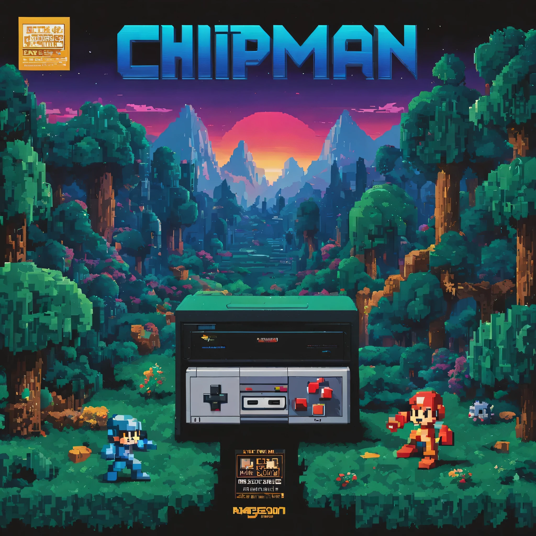 create a CD cover for a single album with an 8-bit chiptune-inspired video game music track, focusing on an action game scene featuring a hero like Capcom&#39;s Mega Man. Crie uma paisagem pixelizada representando um jogo de aventura de 8 bits, complete with characters and elements that evoke the charm of classic games. Infuse vibrant colors to bring the scene to life, and add a nostalgic scanlines effect reminiscent of 90s tube TVs to enhance the retro feel. Make sure the cover effectively communicates the energy and emotion of the song, offering a visually captivating experience for fans of chiptune and retro games.