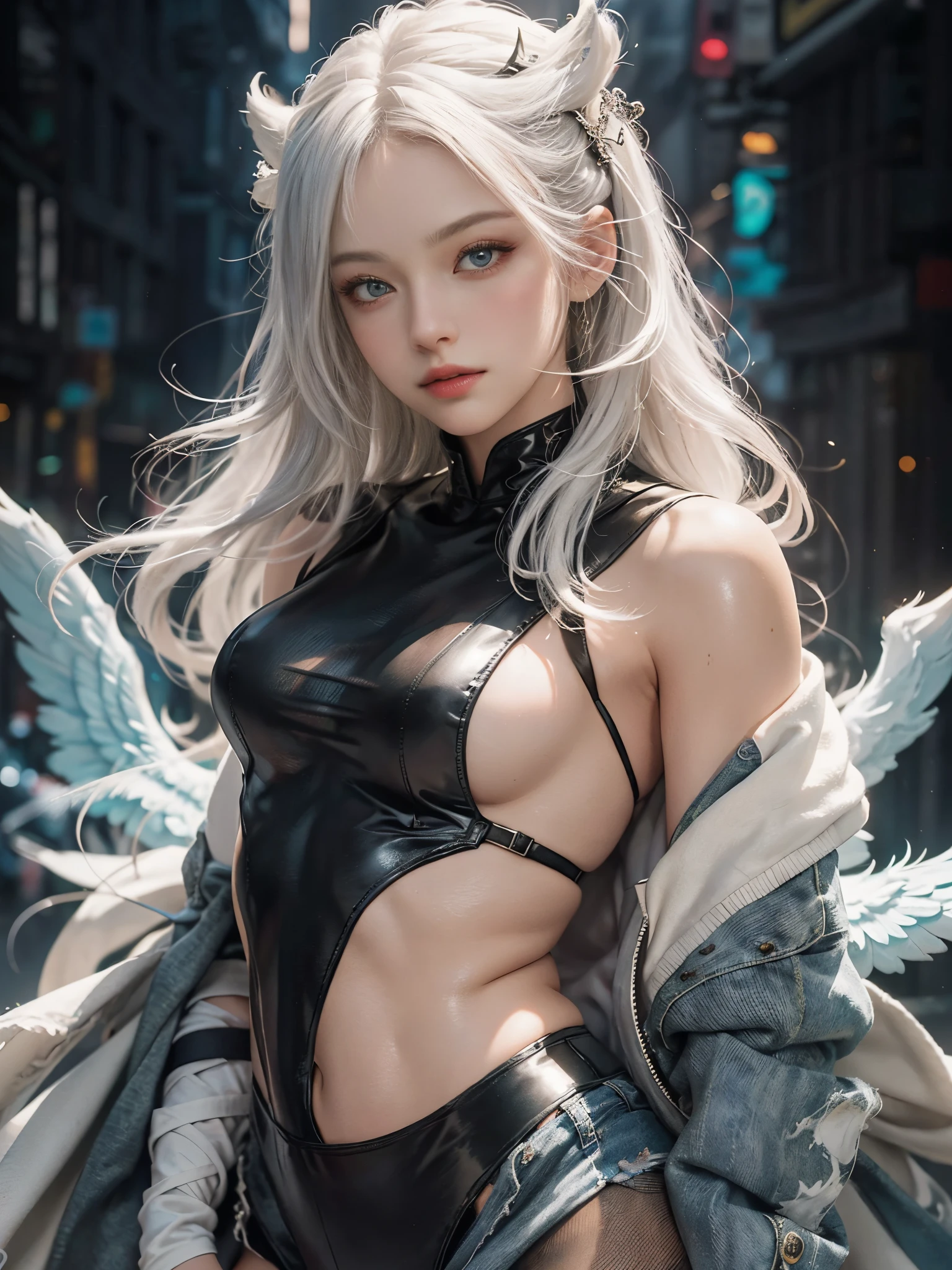 Close-up of woman with white hair and white mask、beautiful character painting、guweiz、Artwork in the style of Gwise、white haired god、Jan J、epic exquisite character art、Stunning character art、Fanchy、Uzunsifan、Guweiz on the Pixiv art station,Faces of reality,Real people,Photo quality,Real person footage captured on camera,Shooting from the waist up,Live-action feeling,Quite light clothing，see-through underware,Beautiful clear eyes,Beautiful sparkling eyes,being thin,strong-willed gaze,A living angel who descends to earth and blends into ordinary life while hiding his true identity in the human world.,angels don&#39;t wear underwear,angel has small breasts，Angels usually look exactly like normal humans and are hard to tell apart.,Leaner figure,very small breasts, waist and buttocks,15-year-old body type,