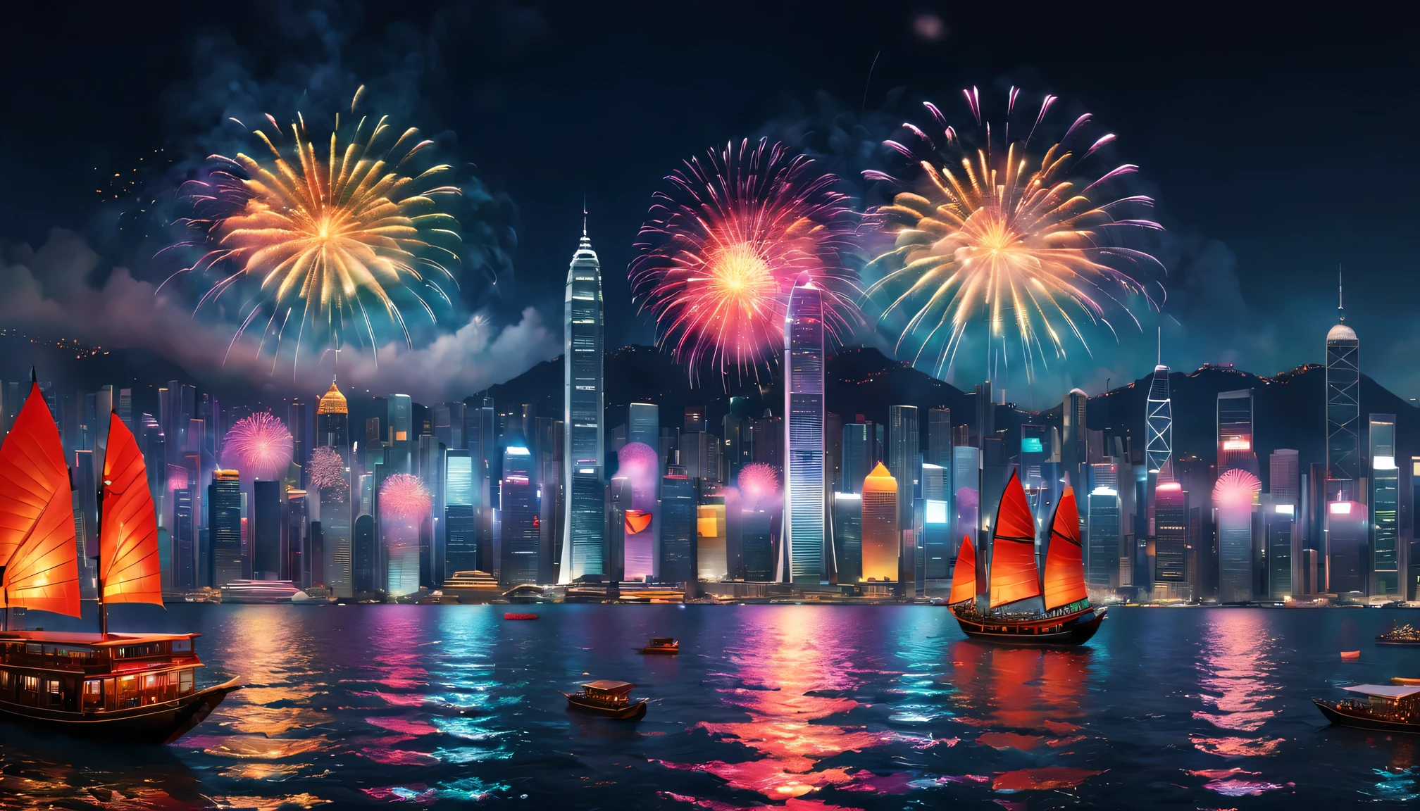 (Best quality at best,4K,8K,A high resolution,tmasterpiece:1.2),ultra - detailed,actual, vivd colour, bokeh, Sparkling Victoria Harbor in Hong Kong, Spectacular fireworks display, Dazzling light effects, Reflection of the surface of the water, bustling city skyline, towering skyscrapers, Chinese garbage ship with colorful lanterns, energetic and vibrant atmosphere, Excited crowd cheering, Vibrant and lively celebrations, Brilliant fireworks display, Magnificent view of fireworks, The iconic Symphony of Lights, The charming light illuminates the night sky, Stunning harbor panorama, festive festive, Fascinating and unforgettable experience, A dramatic explosion of color and pattern, A vibrant symphony of explosions, Vibrant and radiant colors paint the sky, flashing lights, The festive atmosphere is full of anticipation and excitement.