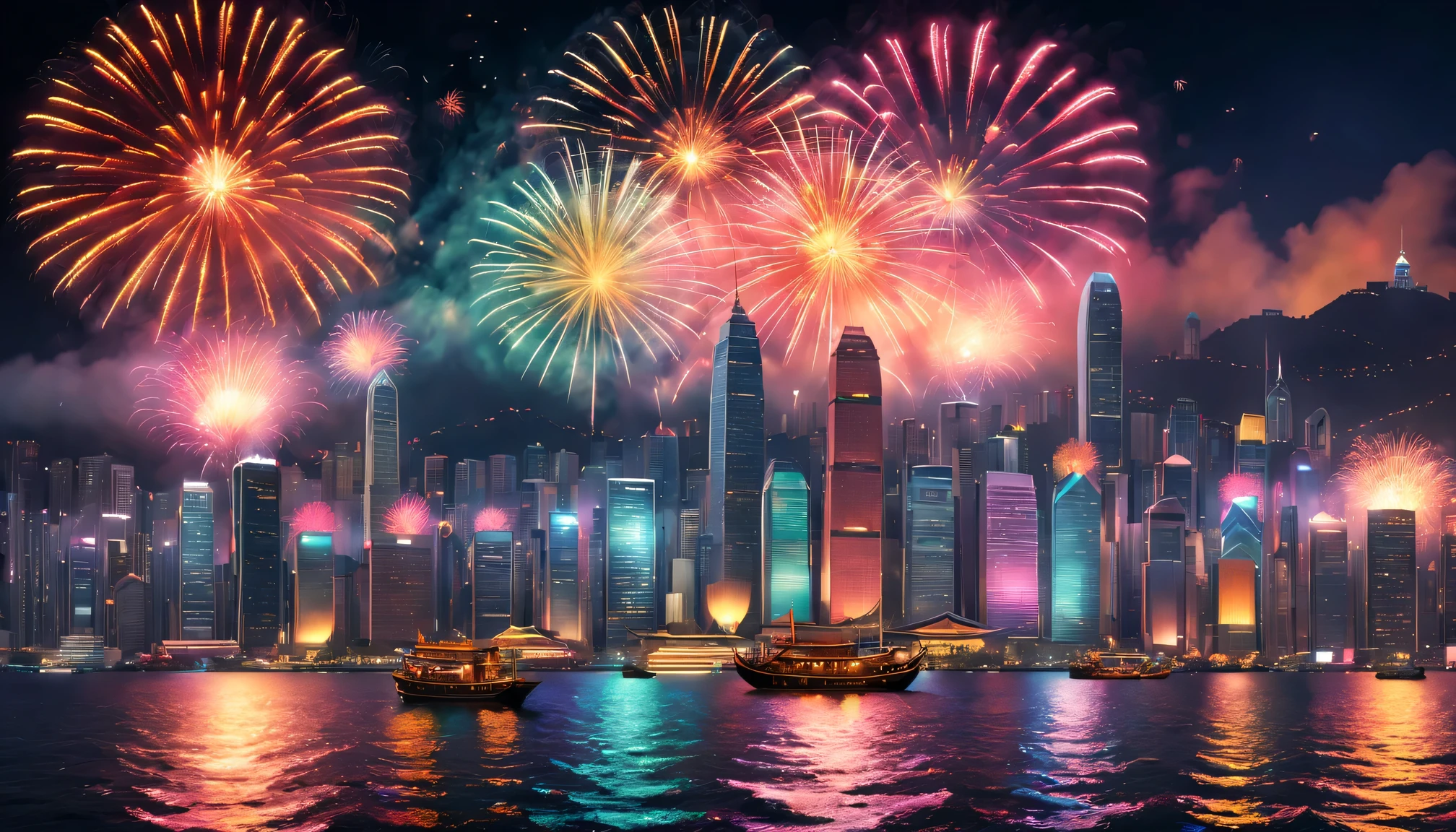 (Best quality at best,4K,8K,A high resolution,tmasterpiece:1.2),ultra - detailed,actual, vivd colour, bokeh, Sparkling Victoria Harbor in Hong Kong, Spectacular fireworks display, Dazzling light effects, Reflection of the surface of the water, bustling city skyline, towering skyscrapers, Chinese garbage ship with colorful lanterns, energetic and vibrant atmosphere, Excited crowd cheering, Vibrant and lively celebrations, Brilliant fireworks display, Magnificent view of fireworks, The iconic Symphony of Lights, The charming light illuminates the night sky, Stunning harbor panorama, festive festive, Fascinating and unforgettable experience, A dramatic explosion of color and pattern, A vibrant symphony of explosions, Vibrant and radiant colors paint the sky, flashing lights, The festive atmosphere is full of anticipation and excitement.