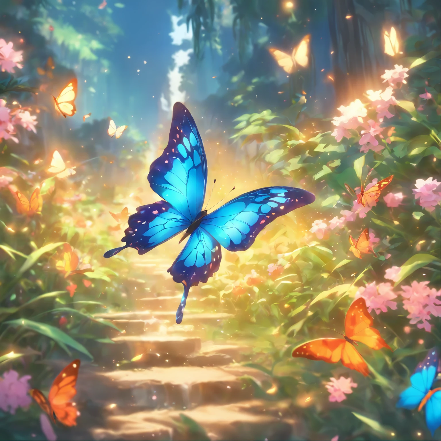 Exquisite colorful butterflies, butterflies in a sunny jungle, surrounded by colorful flowers. Warm sunlight, warm lights illuminate the scene, highlighting the delicate and beautiful wings of the butterfly. The jungle is lush and full of life, covered with tall Grass and flowering plants of various colors. The wings of a butterfly in flight are detailed and beautiful, with intricate patterns that reflect sunlight. The overall image quality is of the highest standard, with ultra-detailed and realistic textures. The colors are bright and harmonious, with soft tones combined with vibrant tones. The lighting creates a warm and inviting atmosphere, casting soft shadows on the ground and adding depth to the scene.