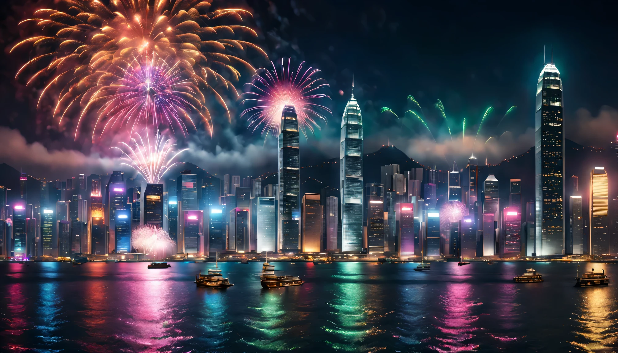 Night view of Victoria Harbor in Hong Kong,Sparkling reflections dance on the water,Gleaming skyscrapers lining the harbor,Spectacular fireworks display,Twinkling lights adorn the city skyline,Colored laser beams streak across the sky,(Best quality at best,4K,8K,A high resolution,tmasterpiece:1.2),ultra - detailed,actual:1.37) Soft shadows and highlights,Impressive depth of field and sharp focus,HighDynamicRange,hyper HD,Studio lighting,physically-based renderingt,vivd colour,Lively atmosphere,bokeh