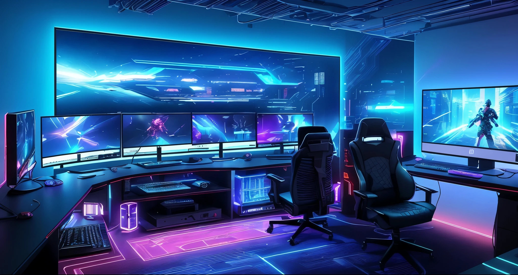 a close up of a computer desk with a chair and a monitor, gaming room, gaming room in 2 0 4 0, in a cyberpunk themed room, gamer aesthetic, cyberpunk setting, gamer themed, room full of computers, dark setup, gaming computers, computer setup, blue light accents, led gaming, epic scene full of computers, cozy environment