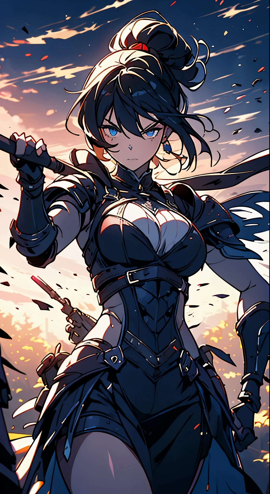 masterpiece, highres, best quality, raven armor, 1girl, solo, split colored(blue) (black) hair, badass, multicolored eyes, high quality artstyle, ultra detailed, quality shadows, 8K, ponytail, holding an straight sword,