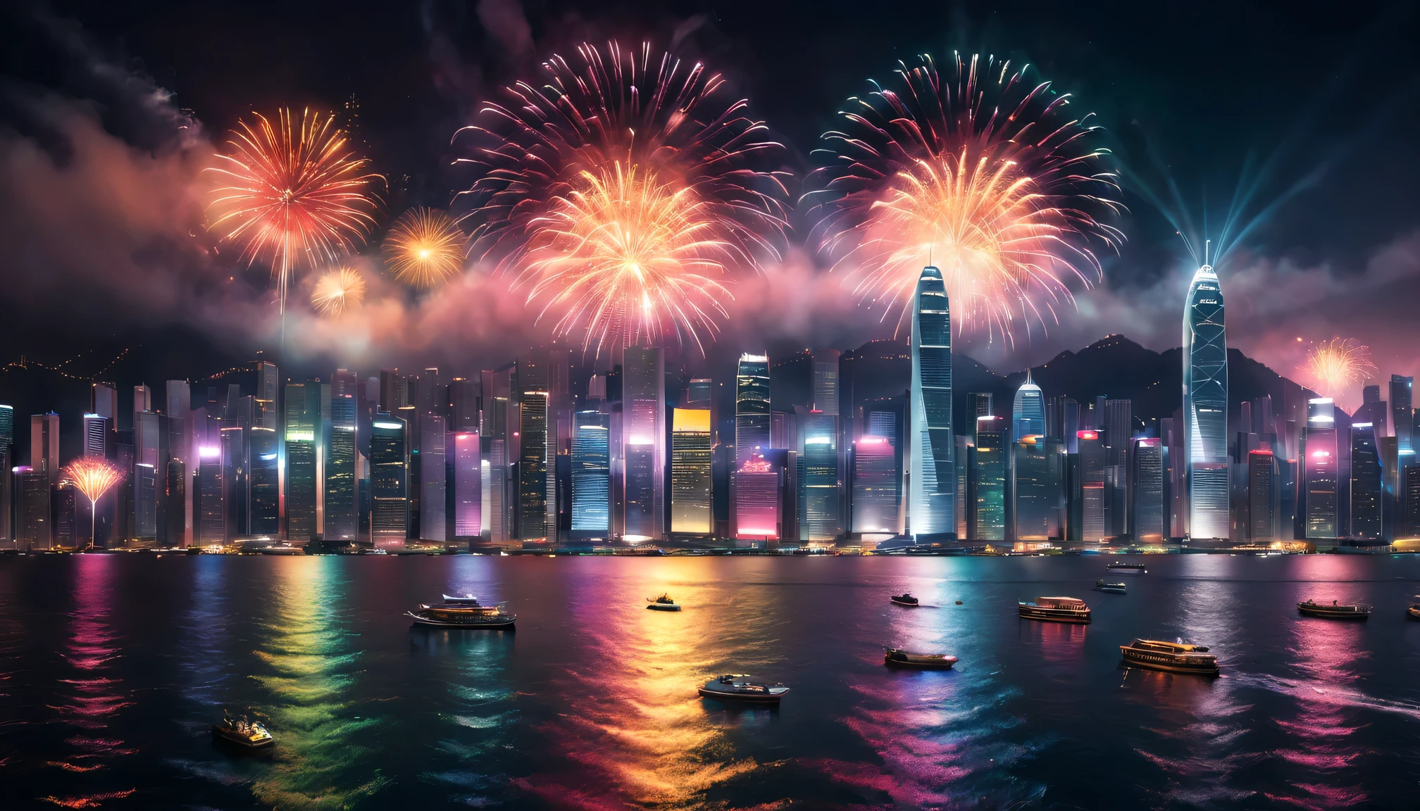 Night view of Victoria Harbor in Hong Kong,Sparkling reflections dance on the water,Gleaming skyscrapers lining the harbor,Spectacular fireworks display,Twinkling lights adorn the city skyline,Colored laser beams streak across the sky,(Best quality at best,4K,8K,A high resolution,tmasterpiece:1.2),ultra - detailed,actual:1.37) Soft shadows and highlights,Impressive depth of field and sharp focus,HighDynamicRange,hyper HD,Studio lighting,physically-based renderingt,vivd colour,Lively atmosphere,bokeh