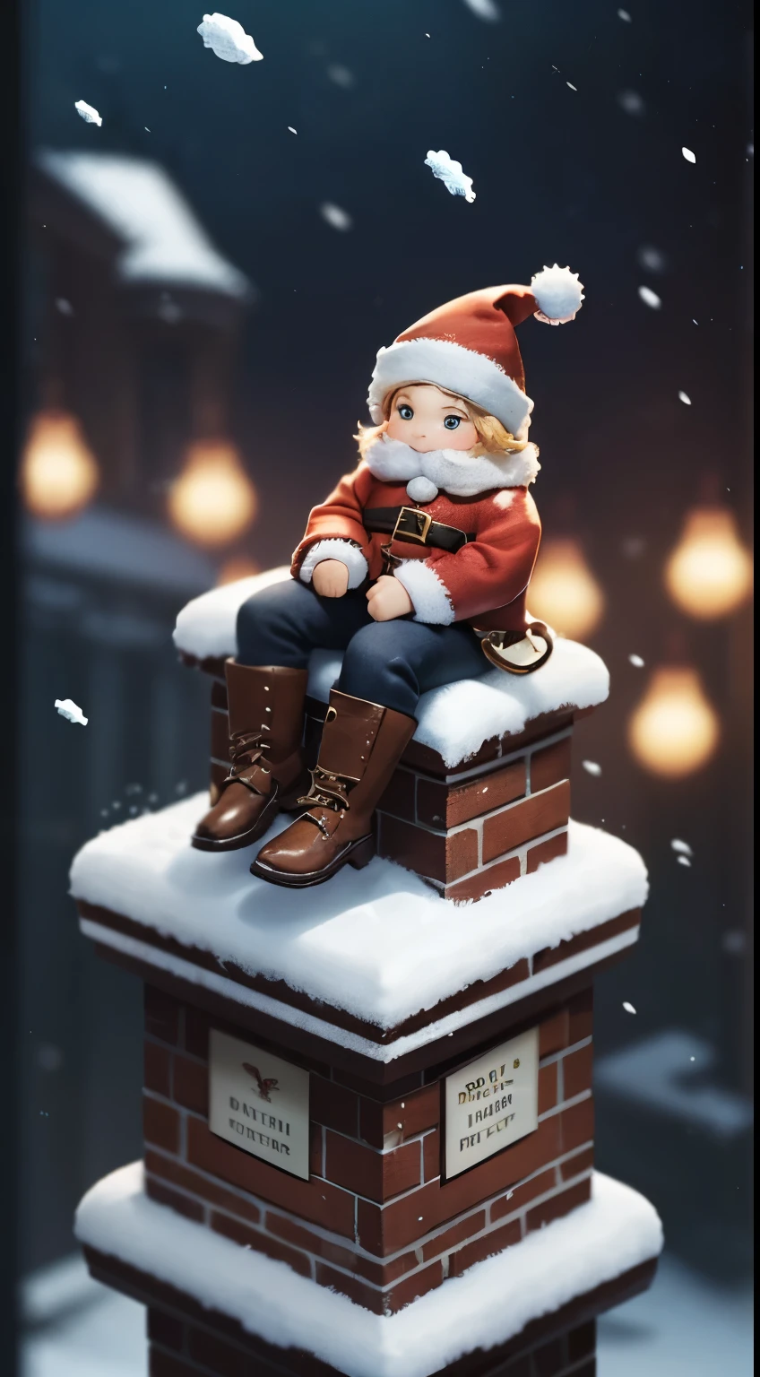 (Masterpice), (HD), (Detailed) ,( piece of art), (view from the sky), captured from aboce, 1girl, 18yrs old, dressed like santa claus while sitting on a chimney on a roof, dressed like santa claus wife , sitting on chimney, twas brillig, lot of snow, snowing, winter, the wise girl is riding on top, inspired by Peter de Seve, pixer, wallpaper - 1 0 2 4, (masterpice)