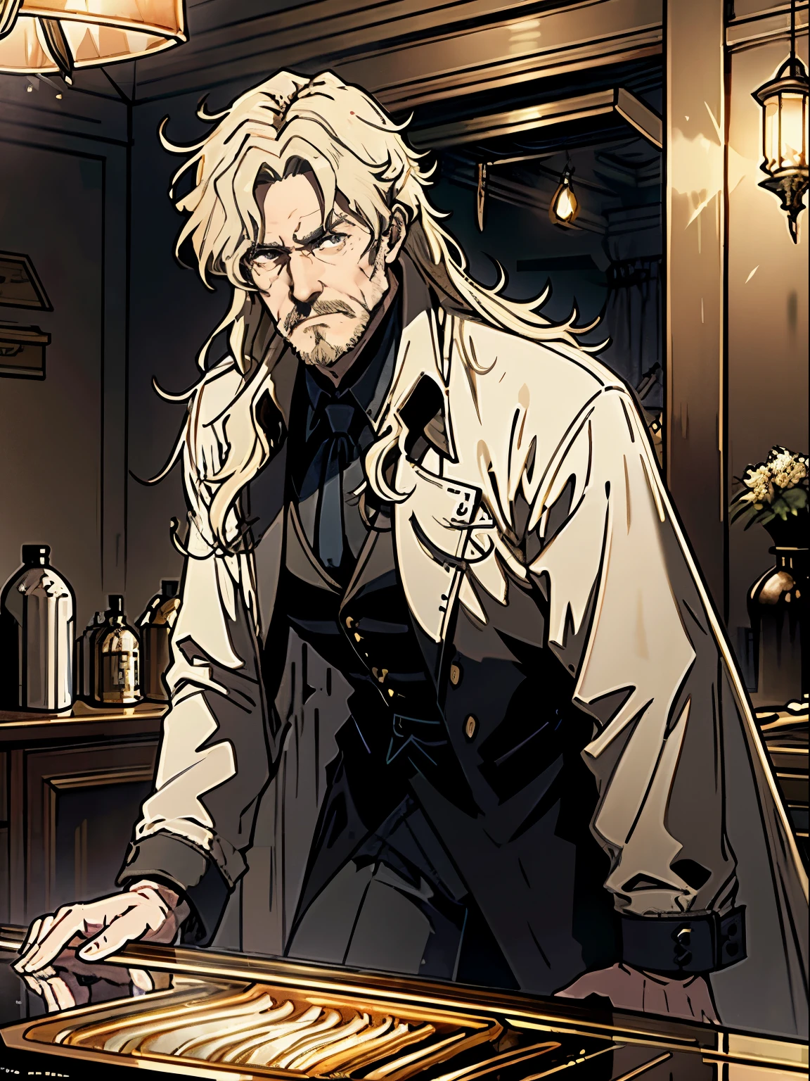 The Demon Hunter is a light blond-haired middle aged man, he took out a row of ten  tubes，Neatly placed on the counter。The pale golden liquid rippled with layers of dazzling light under the glass  tube。Dark theme， optic， fanciful。trench coat, beard, long hair。4k, hight resolution。