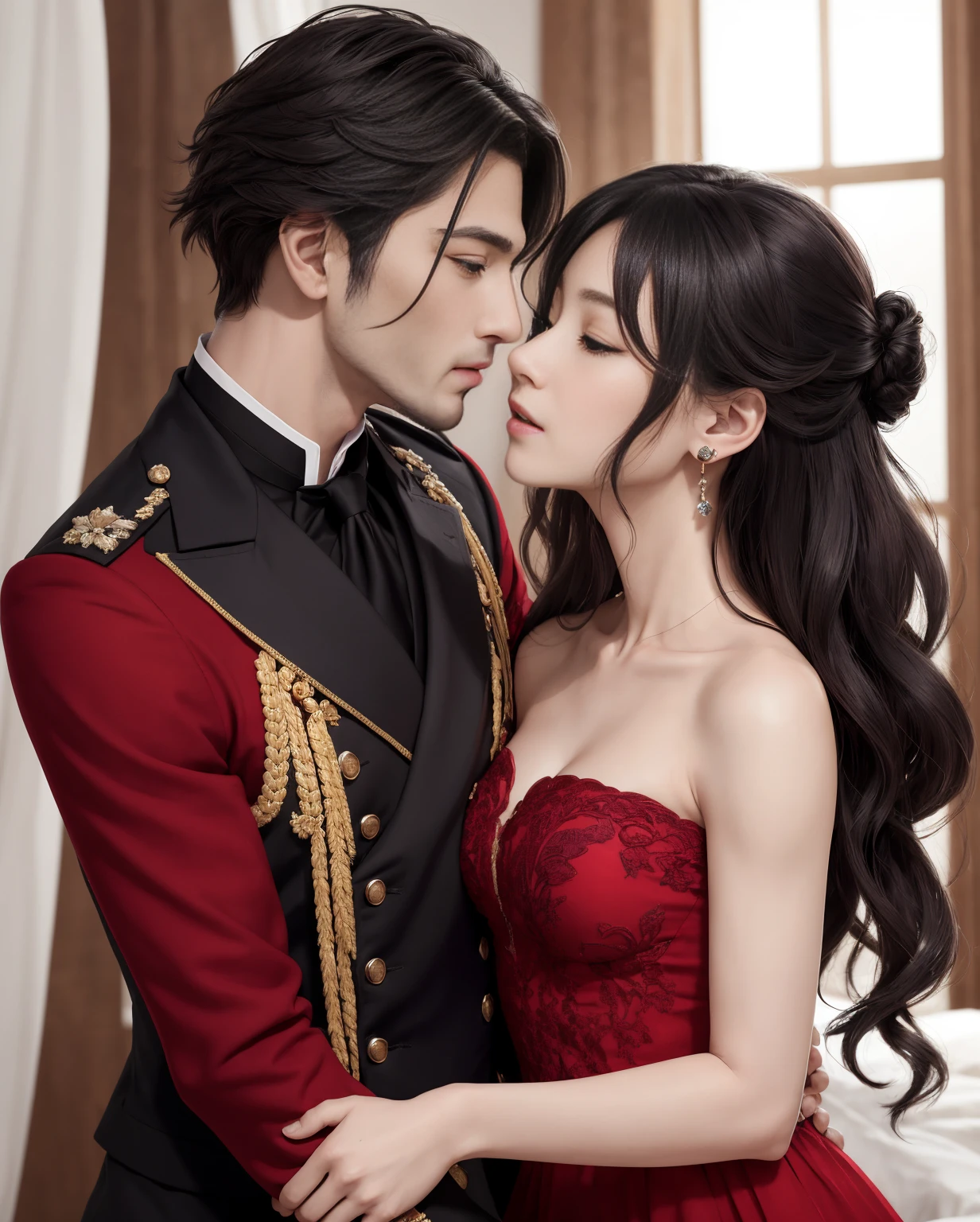 tmasterpiece, best qualtiy, 8K, high detal, ultra - detailed,Handsome man's,wearing classic black prince costume,cabelos preto e longos。his facial features are very distinct,His expression is focused and calm.,Look at the girl next to you。The girl is wearing a beautiful red dress,The hairstyle is elegantly curled,Expressing the slender collarbone and delicate ears。her lips opened slightly,feel a man's kiss。二a personの体は互いにしがみついている,touch lightly with both hands。The entire bedroom is bathed in warm light,The curtains flutter,natta,starrysky,flower petals,View from the front and side,the man bowed his head,kiss the girl gently,their bodies are trembling slightly,Feel each other's breathing and heartbeat。The whole picture is full of romance and affection,a person々Let them feel the charm and power of love。