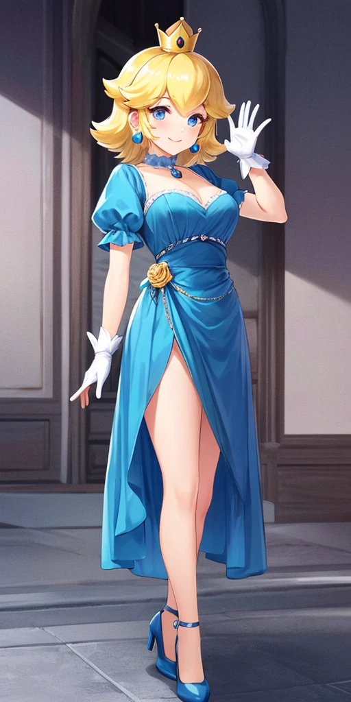 (masterpiece, best quality:1.2), 1girl, solo, (flat color:1.1), (princess peach:1.1), from the mario franchise, pink and gold, long blonde hair, large breasts, pink dress with puffy sleeves, white gloves, pink high heels, blue eyes, gold crown, royal demeanor, standing in the mushroom kingdom, waving with a warm smile, hopeful and kind expression, ( background:0.3), (solid circle eyes:0.7)
