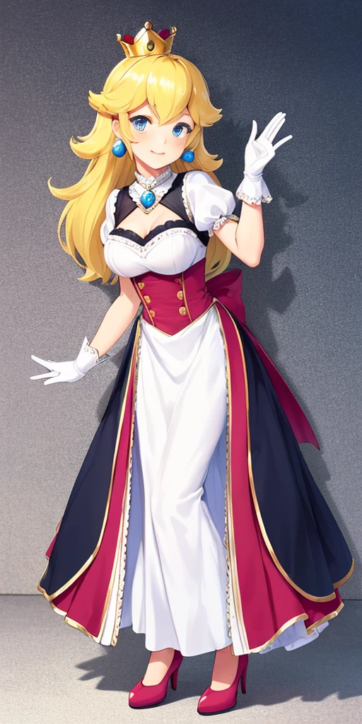(masterpiece, best quality:1.2), 1girl, solo, (flat color:1.1), (princess peach:1.1), from the mario franchise, pink and gold, long blonde hair, large breasts, pink dress with puffy sleeves, white gloves, pink high heels, blue eyes, gold crown, royal demeanor, standing in the mushroom kingdom, waving with a warm smile, hopeful and kind expression, ( background:0.3), (solid circle eyes:0.7)