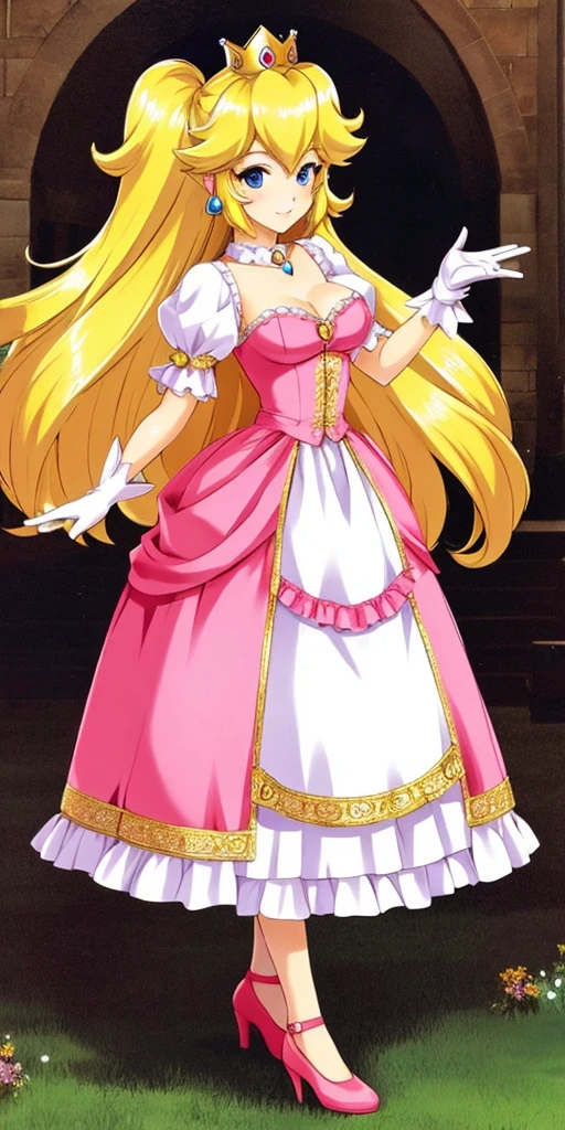 (masterpiece, best quality:1.2), 1girl, solo, (flat color:1.1), (princess peach:1.1), from the mario franchise, pink and gold, long blonde hair, large , pink dress with puffy sleeves, white gloves, pink high heels, blue eyes, gold crown, royal demeanor, standing in the mushroom kingdom, waving with a warm smile, hopeful and kind expression, ( background:0.3), (solid circle eyes:0.7)