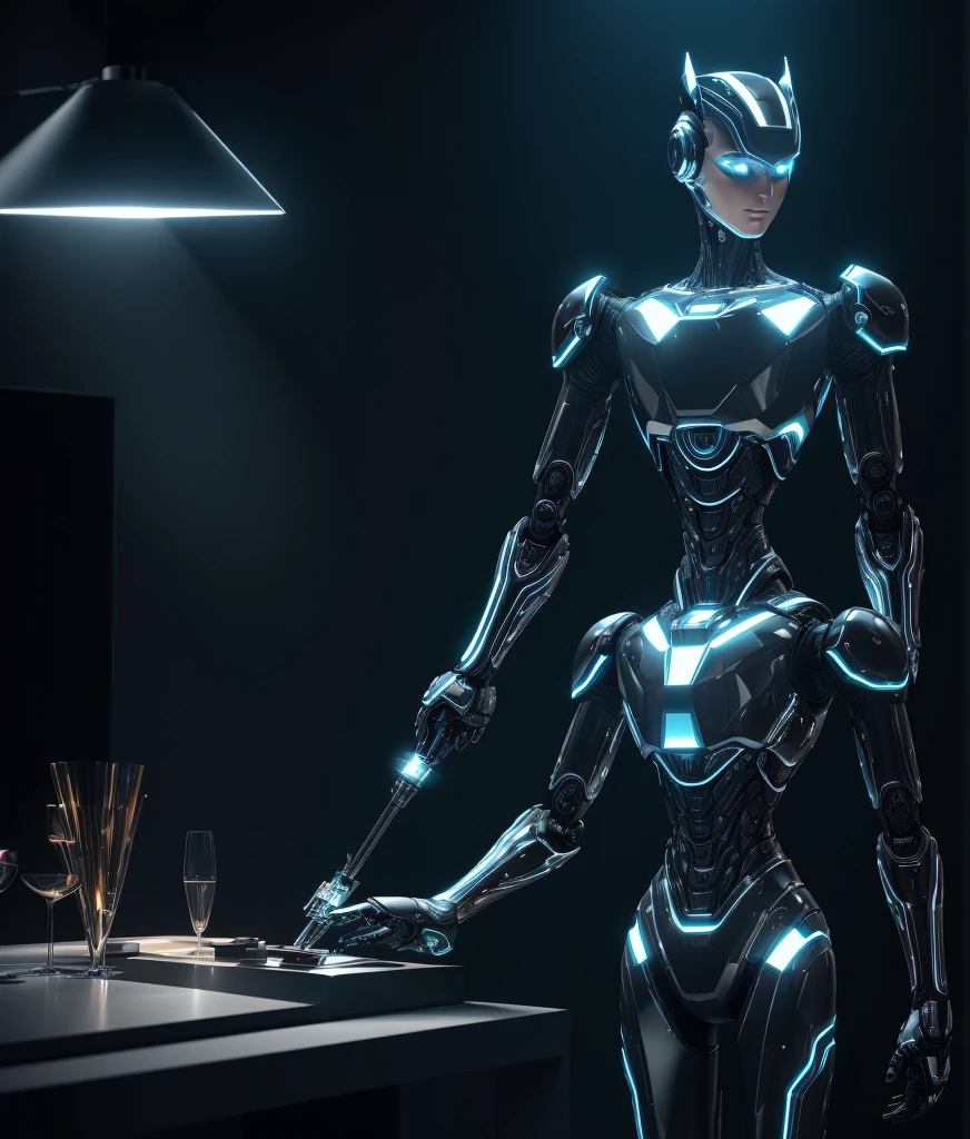 A robot butler in a luxurious mansion, polished metallic surfaces, glowing LED lights, intricate circuitry, high-tech gadgetry, sleek design, sharp edges, seamlessly integrated AI, advanced robotics, human-like movements, responsive to voice commands, efficient and quick in performing tasks. (best quality,4k,8k,highres,masterpiece:1.2),ultra-detailed,(realistic,photorealistic,photo-realistic:1.37),HDR,UHD,studio lighting,ultra-fine painting,sharp focus,physically-based rendering,extreme detail description,professional,vivid colors,bokeh.
