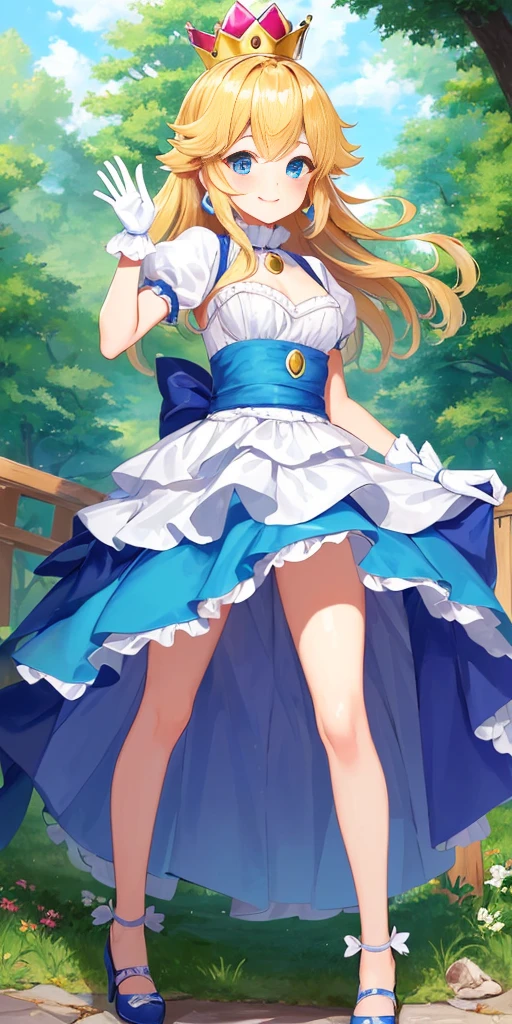 https://.seaart.ai/models/detail/89dfcecccd44f93e9a2ad8631e7a7c27(masterpiece, best quality:1.2), 1girl, solo, (flat color:1.1), (princess peach:1.1), from the mario franchise, pink and gold, long blonde hair, large breasts, pink dress with puffy sleeves, white gloves, pink high heels, blue eyes, gold crown, royal demeanor, standing in the mushroom kingdom, waving with a warm smile, hopeful and kind expression, ( background:0.3), (solid circle eyes:0.7)