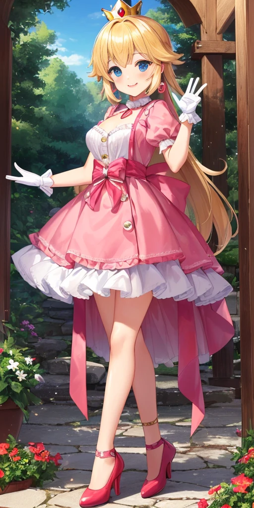 https://.seaart.ai/models/detail/89dfcecccd44f93e9a2ad8631e7a7c27(masterpiece, best quality:1.2), 1girl, solo, (flat color:1.1), (princess peach:1.1), from the mario franchise, pink and gold, long blonde hair, large breasts, pink dress with puffy sleeves, white gloves, pink high heels, blue eyes, gold crown, royal demeanor, standing in the mushroom kingdom, waving with a warm smile, hopeful and kind expression, ( background:0.3), (solid circle eyes:0.7)
