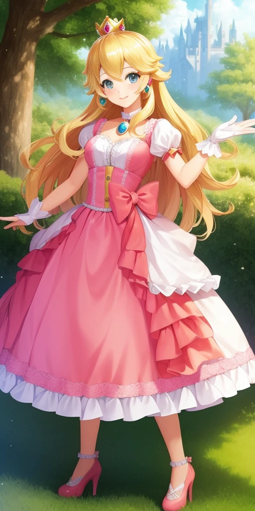 (masterpiece, best quality:1.2), 1girl, solo, (flat color:1.1), (princess peach:1.1), from the mario franchise, pink and gold, long blonde hair, large breasts, pink dress with puffy sleeves, white gloves, pink high heels, blue eyes, gold crown, royal demeanor, standing in the mushroom kingdom, waving with a warm smile, hopeful and kind expression, ( background:0.3), (solid circle eyes:0.7)