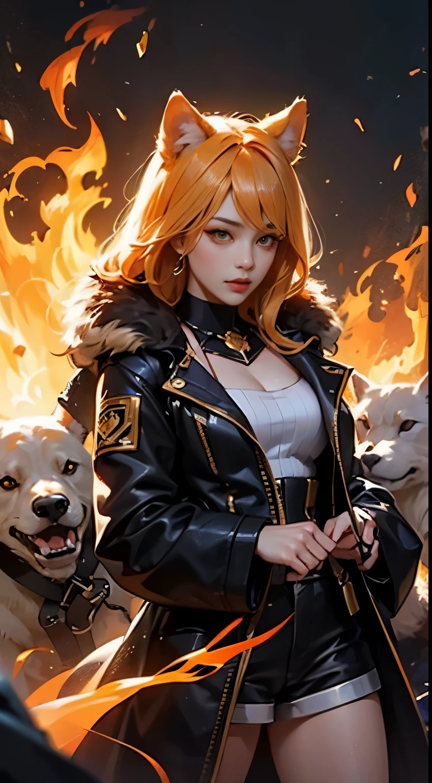 1girll,Ali,Ali\(league of legend\), K/DA\(league of legend\),Animal eace markingox ear, 狐狸coda, orange eyes,多条coda,coda,Fire fighting,