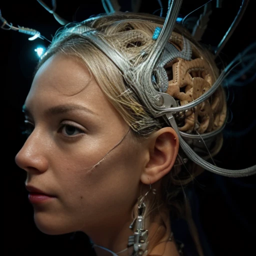 a close-up of a human head with brain and several wires, a digital rendering by Bryan Organ, pexels, arte digital, visible nervous , medical depiction, neuroscience, anatomia hiper-realista content, nervo , visible nervous system, anatomia hiper-realista, nervos, circuitry visible in head, anatomia cerebral, human brain, neural, interface cerebral