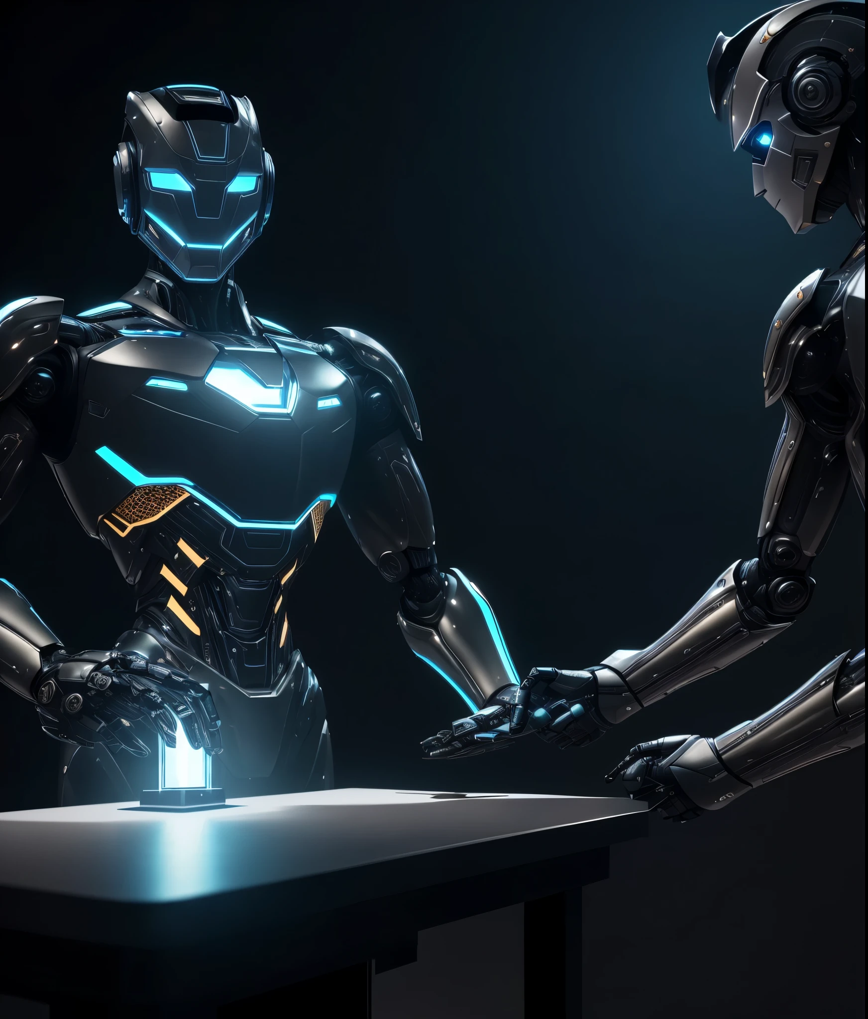A robot butler in a luxurious mansion, polished metallic surfaces, glowing LED lights, intricate circuitry, high-tech gadgetry, sleek design, sharp edges, seamlessly integrated AI, advanced robotics, human-like movements, responsive to voice commands, efficient and quick in performing tasks. (best quality,4k,8k,highres,masterpiece:1.2),ultra-detailed,(realistic,photorealistic,photo-realistic:1.37),HDR,UHD,studio lighting,ultra-fine painting,sharp focus,physically-based rendering,extreme detail description,professional,vivid colors,bokeh.