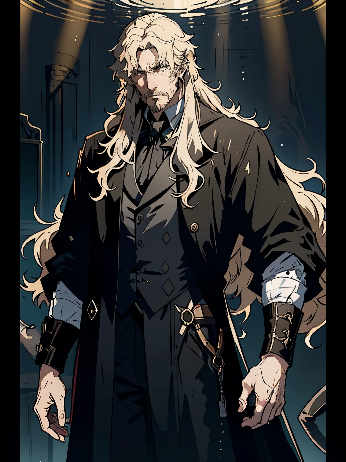 The Demon Hunter is a light blond-haired middle aged man, he took out a row of ten  tubes，Neatly placed on the counter。The pale golden liquid rippled with layers of dazzling light under the glass  tube。Dark theme， optic， fanciful。trench coat, beard, long hair。4k, hight resolution。