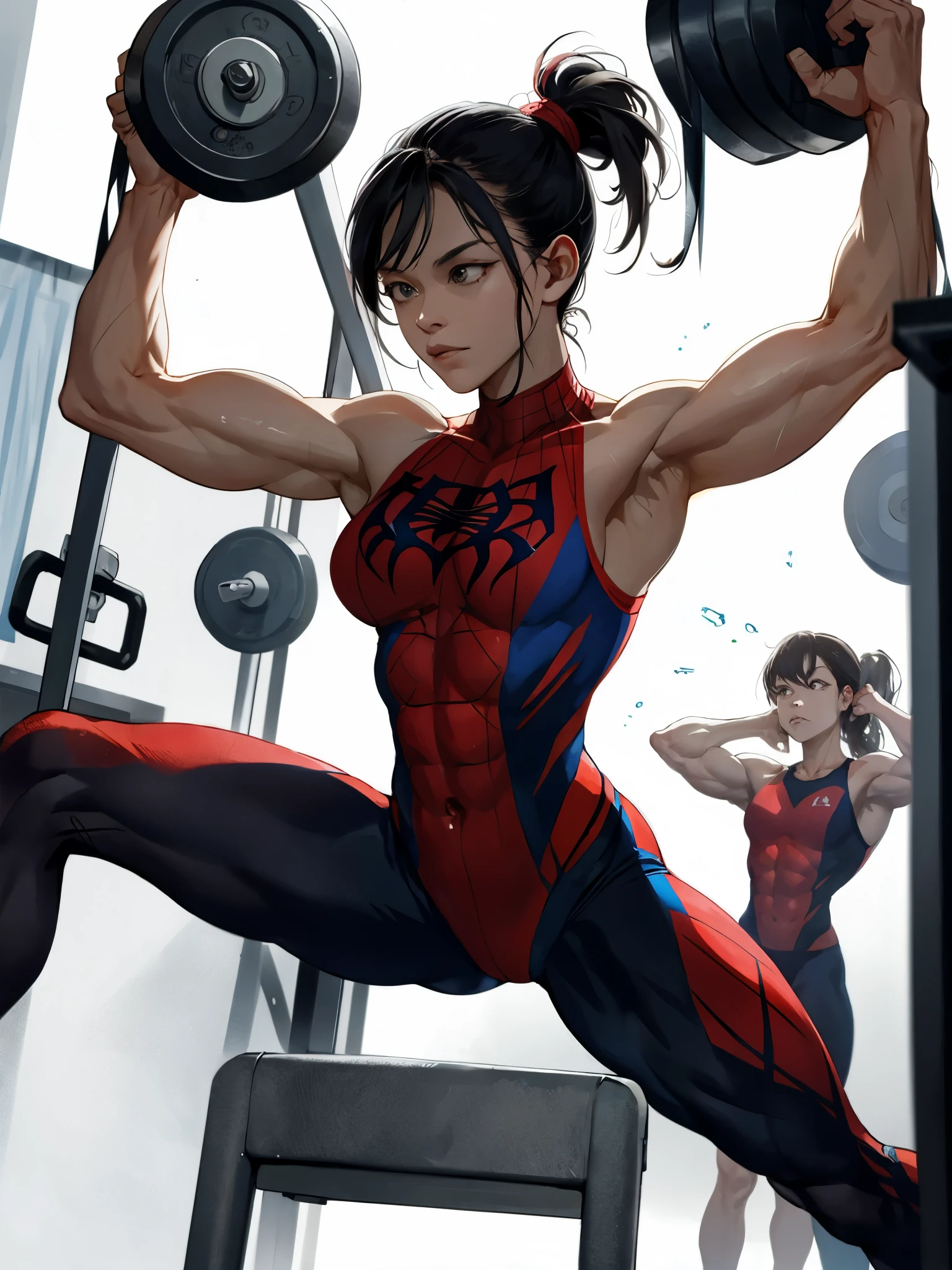 spidewoman, Intense workout in bodybuilding gym, Muscles are clear and detailed,