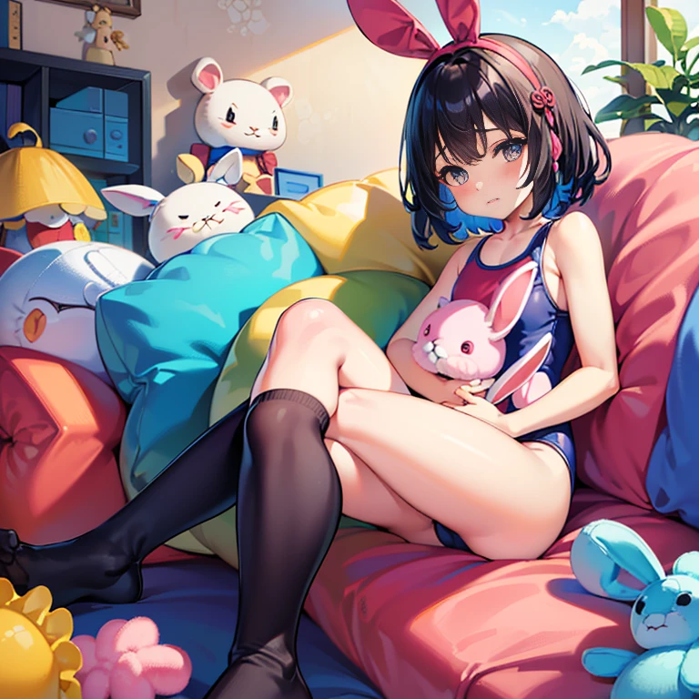 (High Definition CG unity 8K Wallpaper), (The finest Guo(masutepiece, of the highest quality, Kyoto Animation Style Illustration, of the highest quality, Official art, aesthetics, Beautiful details, :1. 2), Break HA, BREAK,girl, Cute, Cheerful, face, A dark-haired、a short bob、tareme, gleaming skin, Hugging a stuffed rabbit,
bunny, shiny school swimsuit, Colorful high socks,bunny Years Hair Band, Sitting on the sofa, Open legs wide ,Awaken,looks sleepy,
(Toy store background, Lots of stuffed animals:1.2),
Ridiculous resolution, Ultra-detailed, Best Quality
