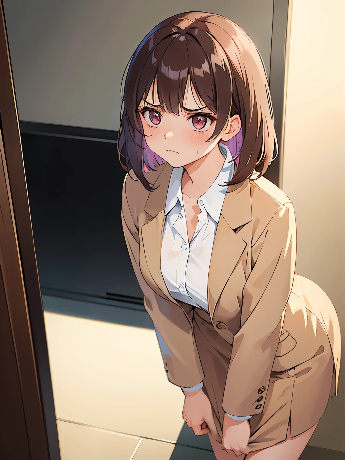 Shirt Tug, (leaning forward:1.3), Shooting from above、​masterpiece、top-quality、 A 25-year-old woman with medium hair and pink eyes with brown bangs.、(wearing a beige suit1.3)、wearing a beige skirt、white  shirt、blush, (annoyed:1.3)、(Staring:1.5)、is standing、The background is office、Bold composition、Upper body is shown、Alone