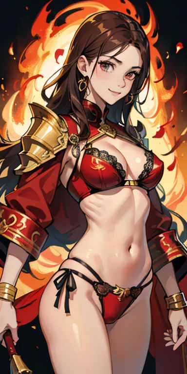 (masterpiece), best quality, expressive eyes, perfect face, ((gold and crimson armor)), closed smile, athletic body, lace bikini, thong, exposed midriff, cleavage, fishnets, watercolor, fire background
