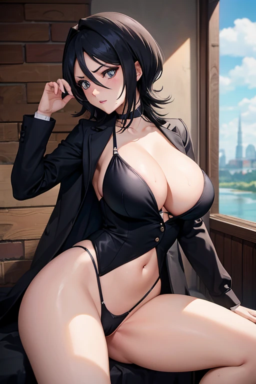 Black color hair, little breast, cleavage, masterpiece, best quality, ultra-detailed, ray tracing, perfect lighting, detailed image, natural skin texture, 1girl, perfect anatomy, delicate eyes, detailed eyes, lustful, blush, hot, sexy, sexy body, nsfw, sexy pose, arm behind the back, wet, showing her boobs, open legs, no panties, show pussy, pretty pussy, thinner waist, wide hips, thick thighs, better lighting, blue sky, clouds, in a river.