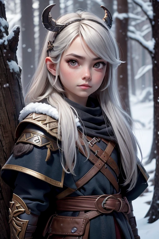 Portrait painting of 1child as nordic viking warrior, 1child, laurenchen, Cabello OSCURO, Cabello largo, brown eyes, con armadura vikinga, Piel detallada, fantasy, snowy nordic forest, Estilo modelshoot, (CG extremadamente detallado), Foto de una hermosa obra de arte, (Antonio Moro), (Jeremy Mann), High detail, foco nítido, dramatic, オイル, realista