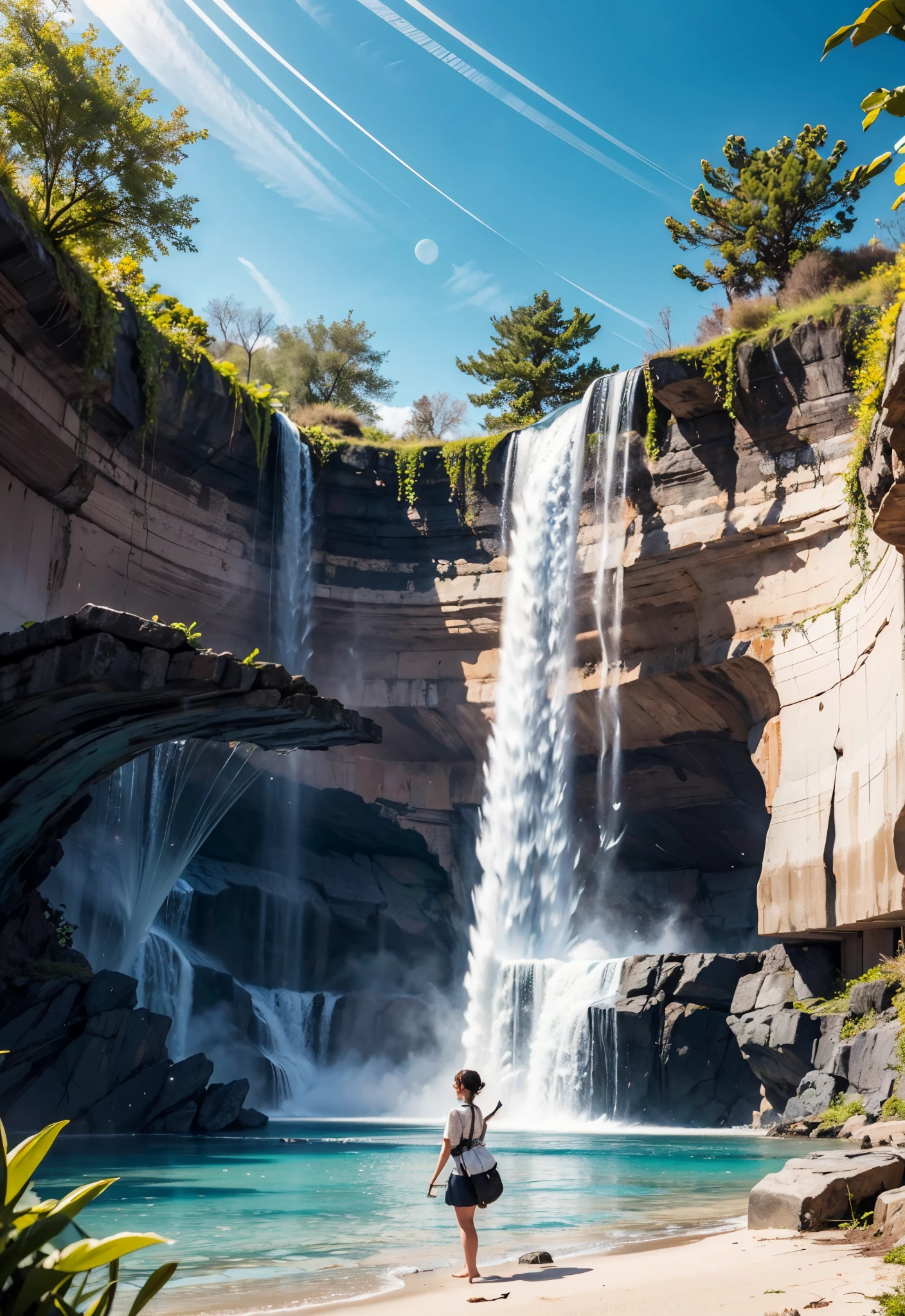 Waterfall conveys the natural fantasy landscape of four adventurers Fairy Green, the golden ratio, Animation details, Exquisite, QuixelMegascans Trends, Perfect image, 超高分辨率, perfect compositions, detailed, Super color, (highdetailskin: 1.2), 8k ultra high definition, SLR camera, gentlesoftlighting, high qulity, filmgrain, XT3