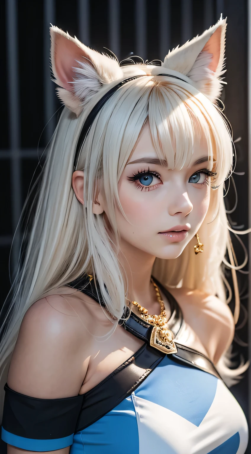 (Masterpice), (HD), (Detailed) ,( piece of art), blonde haired woman in white top and bunny ears posing for camera, very beautiful cute catgirl, beautiful young catgirl, white cat girl, perfect white haired girl, her hair is white, she has a cute face, attractive cat girl, blonde goddess, girl with short white hair, young and cute girl, she has a cute expressive face, amouranth