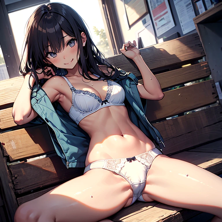 Girl Invite Smile Exposure Hairstyle, Short, , Small, Saggy Eyes, , Undressing, Lying Down Spread Your Legs, Underwear, Schoolgirl, Sweaty, Crotch, Love Juice White Panties, White Bra, Hips