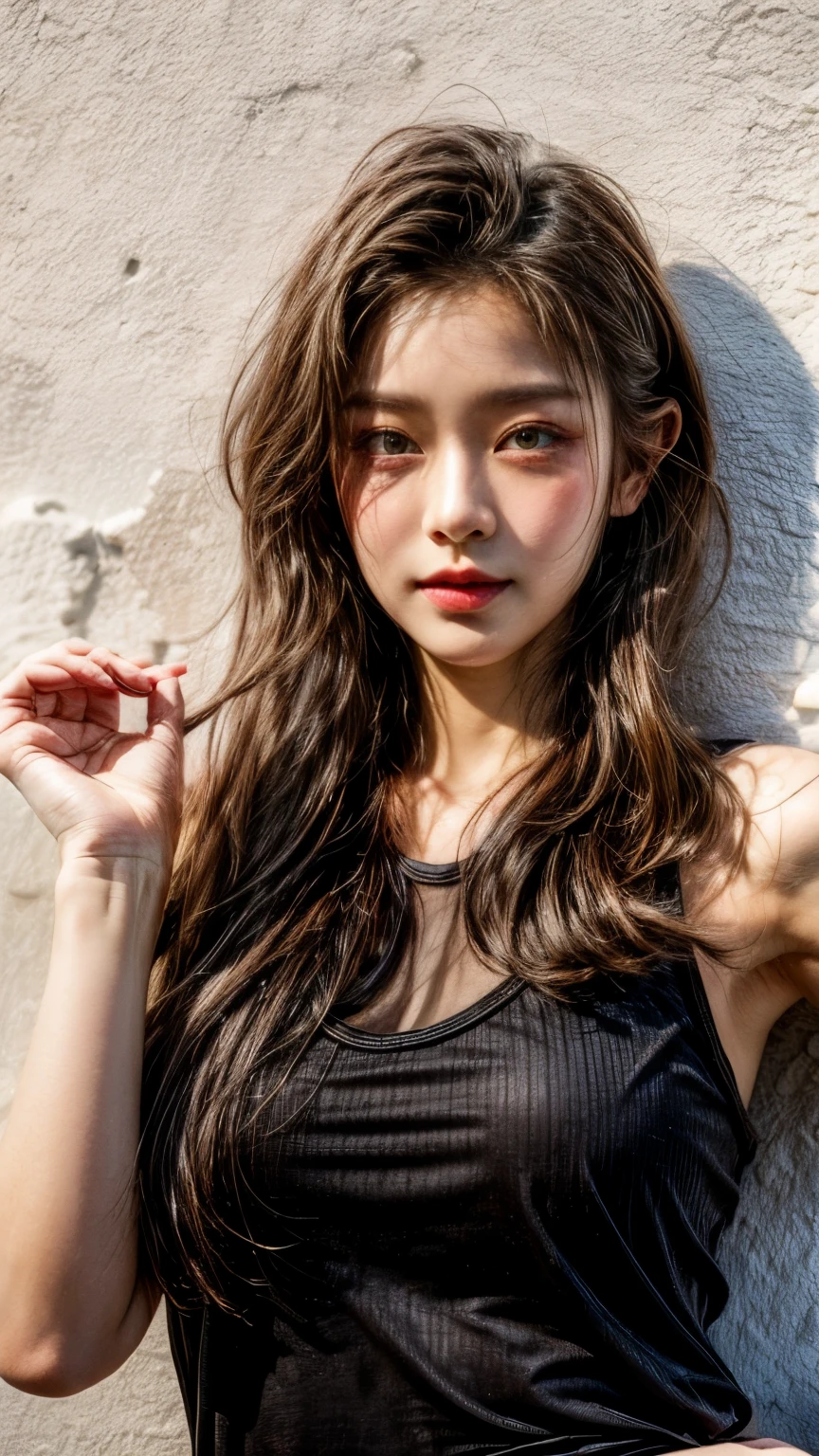 ​masterpiece、8K、32K、top-quality、(A detailed eye)、(A cute Japanese woman、bangss:1.3)、23years old、1 girl in、elegent、(White concrete wall:1.5)、Cheerful、black tank-top