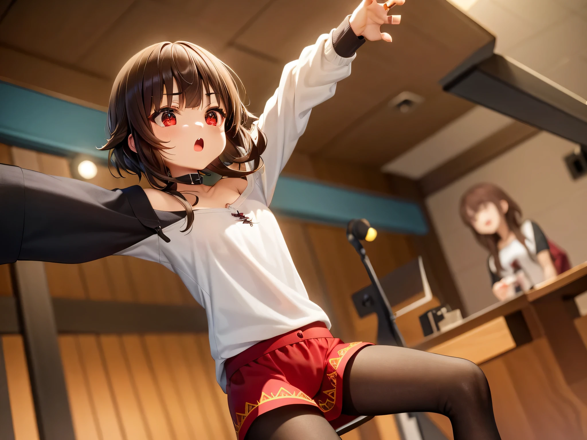 Obra maestra, La mejor calidad, Ultra detallado, illustration, 1girl, Megumin, pelo corto, ropa casual, dentro de un estudio, cantando, microfono, rapeando, estudio de grabacion , Sala de control, paisaje, oradora, reloj, ordenador, dentro, silla, mesa, monitor, instrumento, ventana, ceiling luz, luz, Noche, lamplight,