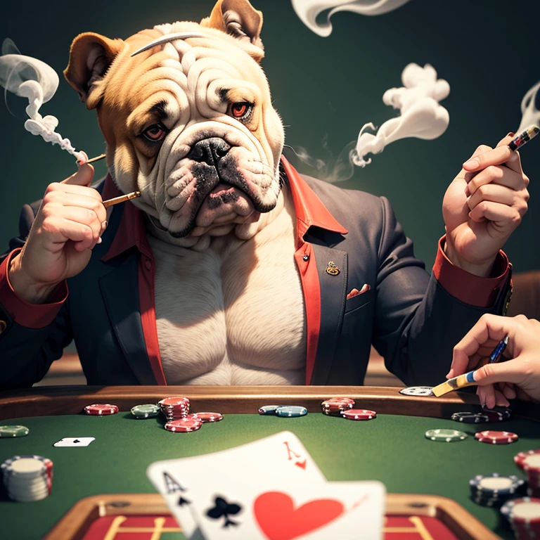 Bulldog smoking and playing poker