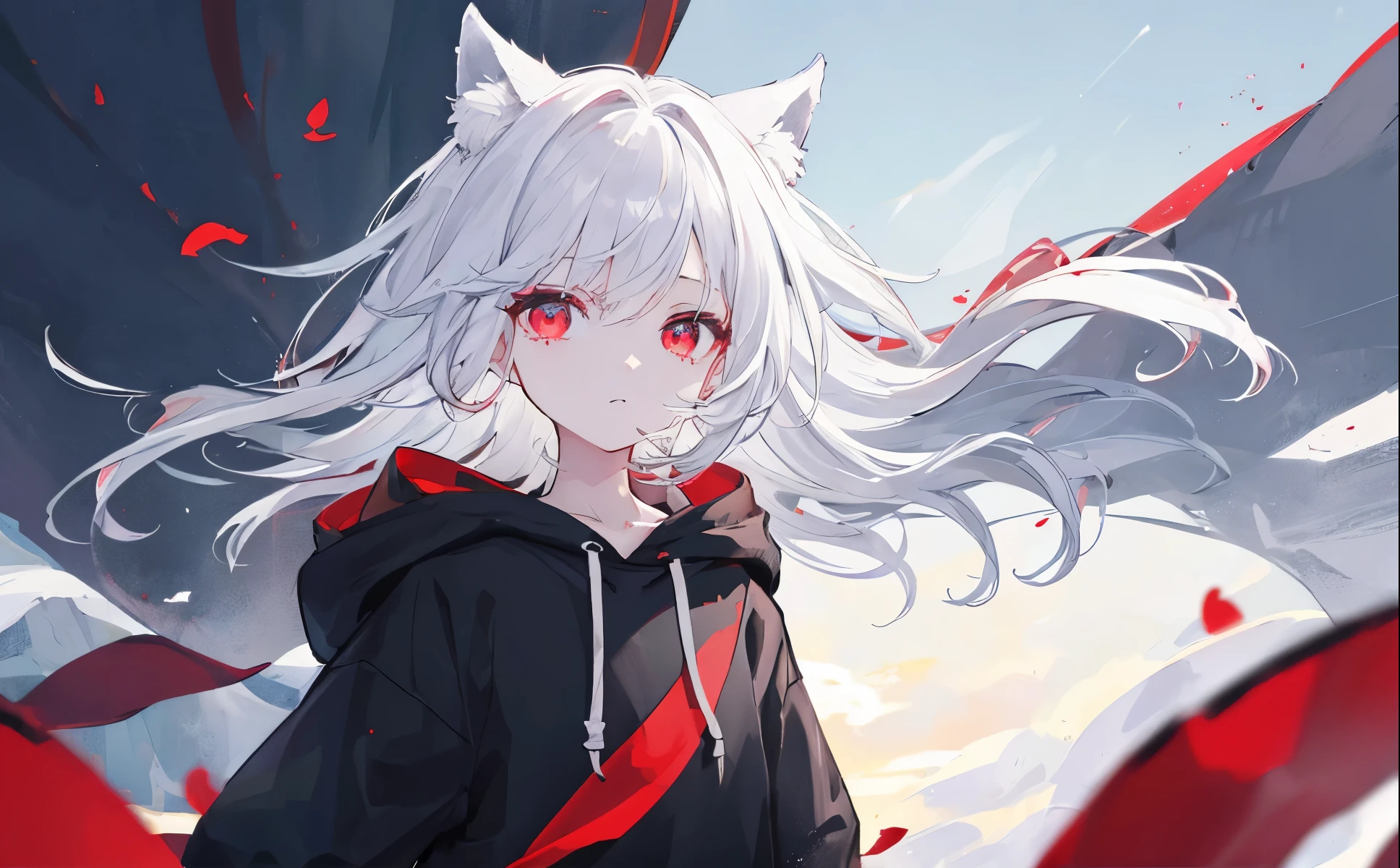 ((Best Quality)),up、Wearing a black hoodie、looked lonely、He had white hair and furry ears.、eyes are very red、wolf girl。The back is black。The wind is blowing、Hair is fluttering。