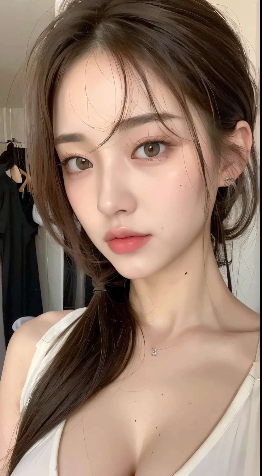 ((Best quality, 8k, Masterpiece :1.3)), 1girl, Pretty woman with emphasizing slender abs :1.3, (random hairstyles, Huge breasts :1.2), Wet clothes :1.2, Ultra-detailed face, Detailed eyes, Double eyelid