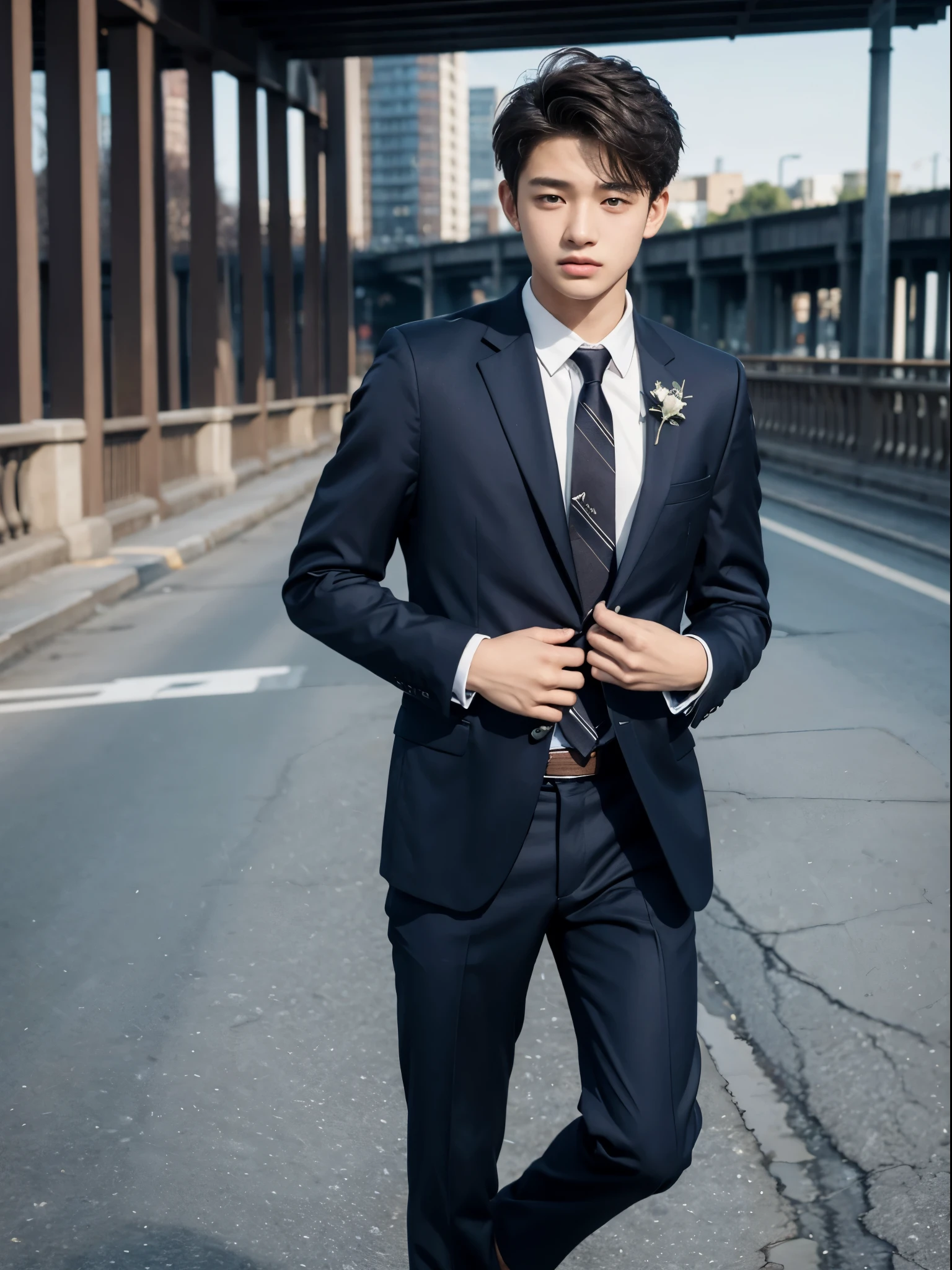 boy, 17 y.o, suit, tie, bridge