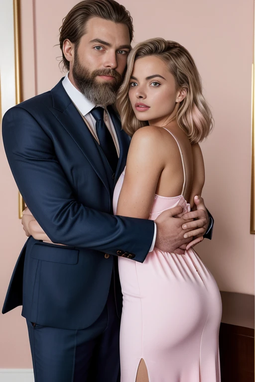 Hyperrealistic body photo of woman with pale pink skin margot robbie face and hugging bearded 90 year old man in suit. Mulher com vestido sexy