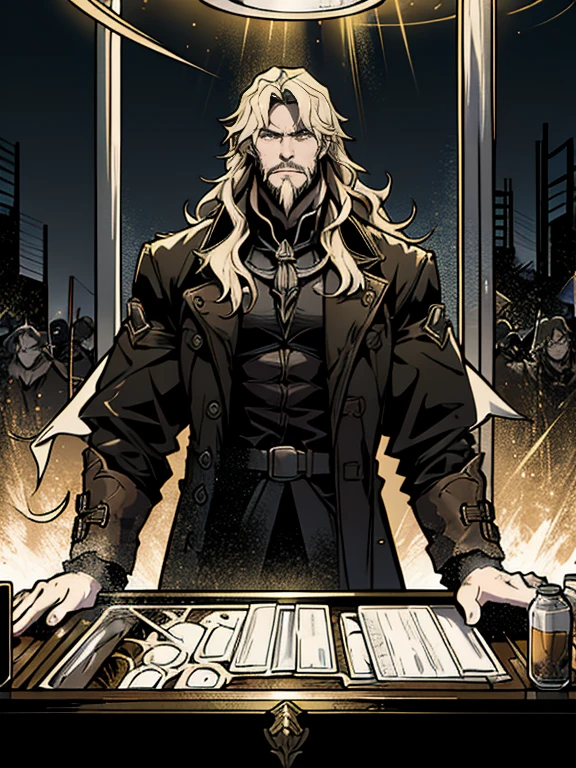 The Demon Hunter is a light blond-haired middle aged man, he took out a row of ten  tubes，Neatly placed on the counter。The pale golden liquid rippled with layers of dazzling light under the glass  tube。Dark theme， optic， fanciful。trench coat, beard, long hair。4k, hight resolution。