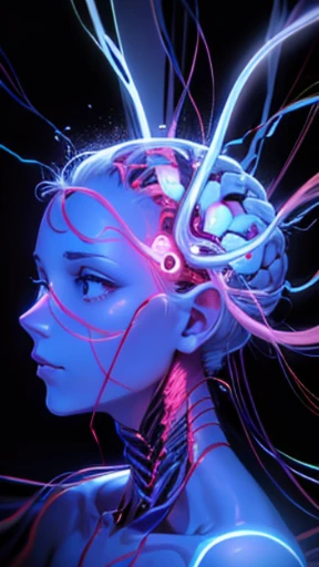 a close-up of a human head with brain and several wires, a digital rendering by Bryan Organ, pexels, arte digital, visible nervous , medical depiction, neuroscience, anatomia hiper-realista content, nervo , visible nervous system, anatomia hiper-realista, nervos, circuitry visible in head, anatomia cerebral, human brain, neural, interface cerebral