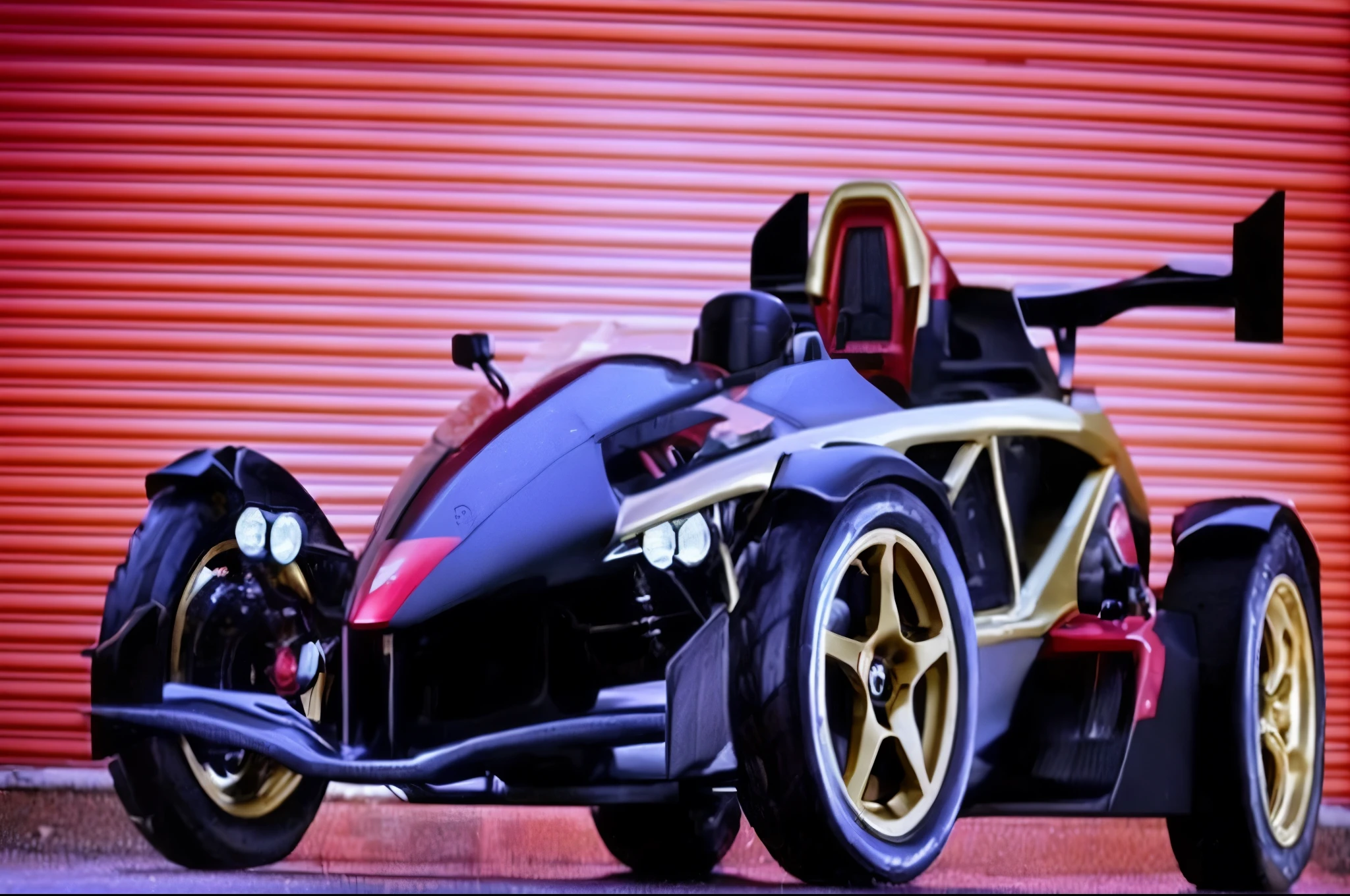 arafed car with a red and gold interior parked in front of a garage, vehicle, mid shot photo, sport car, highlight, album, slr, sportcar, vehicle photography, lotus, sports car, full view of a sport car, photo mid shot, new vehicle, exotic, album photo, black and yellow and red scheme, formulae, wheels