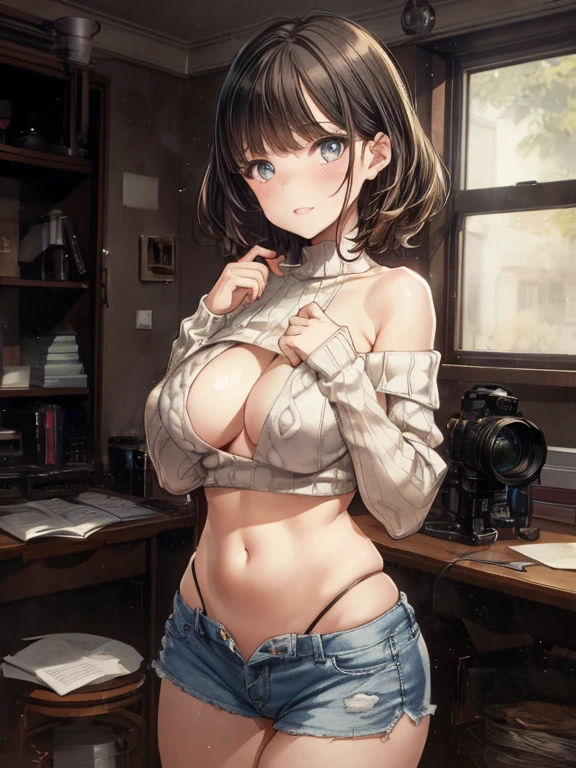 bottom boobs,(masterpiece), best quality, extremely detailed, (watercolor), bloom, delicate and beautiful, illustration, (from below),(1girl:1.4), (solo:1.2), large breasts, (ribbed sweater:1.3), off-shoulder sweater, (short shorts:1.2), bare shoulders, (underboob), ((dark skin:0.8)), beautiful eyes, (disheveled hair ), photography, over-the-shoulder shot, by Alex Maleev, professional, canon camera, nikon camera, sharp, bokeh, studio quality, fisheye lens, by Robert Capa ,