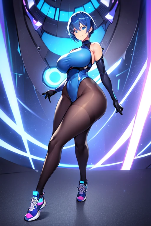 1girl, breasts, large breasts, wide hips, blue hair, very short hair, pixie cut, blue eyes, bodysuit, black bodysuit, smile, light smile, shoes, sneakers, pantyhose, black pantyhose, futuristic, science-fiction, tech, machinery, neon, neon trim, full body, ((full body)), standing