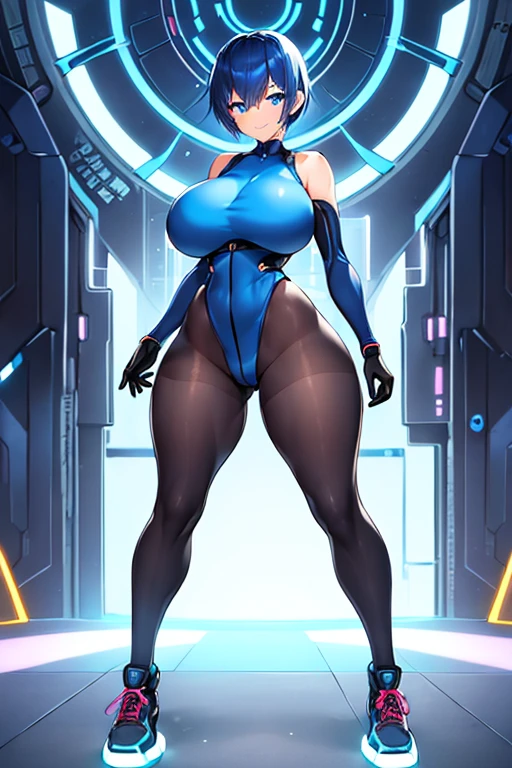 1girl, breasts, large breasts, wide hips, blue hair, very short hair, pixie cut, blue eyes, bodysuit, black bodysuit, smile, light smile, shoes, sneakers, pantyhose, black pantyhose, futuristic, science-fiction, tech, machinery, neon, neon trim, full body, ((full body)), standing