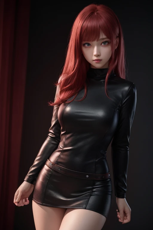 1girl in, star eye, blush, Perfect Illumination, Red hair, Red Eyes, Unreal Engine, side lights, Detailed face, Bangs, bright skin, Background, dark Background,a miniskirt