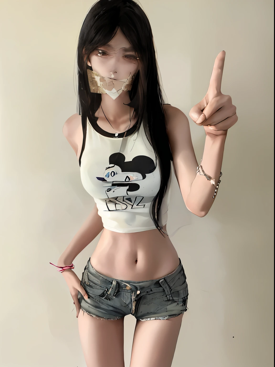 Fide woman wearing white shirt and denim shorts showing peace sign, 2 4 year old female model, 18yr old, 2263539546], photo of slim girl, 1285445247], age 22, 16 yaers old, 1 8 yes, 21yo