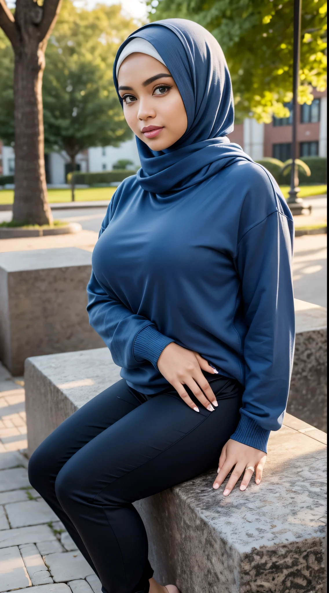 ((Close Up))RAW, Best quality, high resolution, masterpiece: 1.3), beautiful Malay woman in hijab,Masterpiece, perfect fit body, big breast,thick thighs, big orgeous eyes, Soft smile, woman in a blue sweatshirt and black pants standing on a stone path, full body photogenic shot, full body picture, casual pose, in a navy blue sweater, full body photograph, with a cool pose, satisfied pose, full body portrait shot, casually dressed, wearing casual clothes, full body shot!!, blue outfit, at college, portrait full body, evening walk, City park, Great lighting, Bright colors, Clean lines