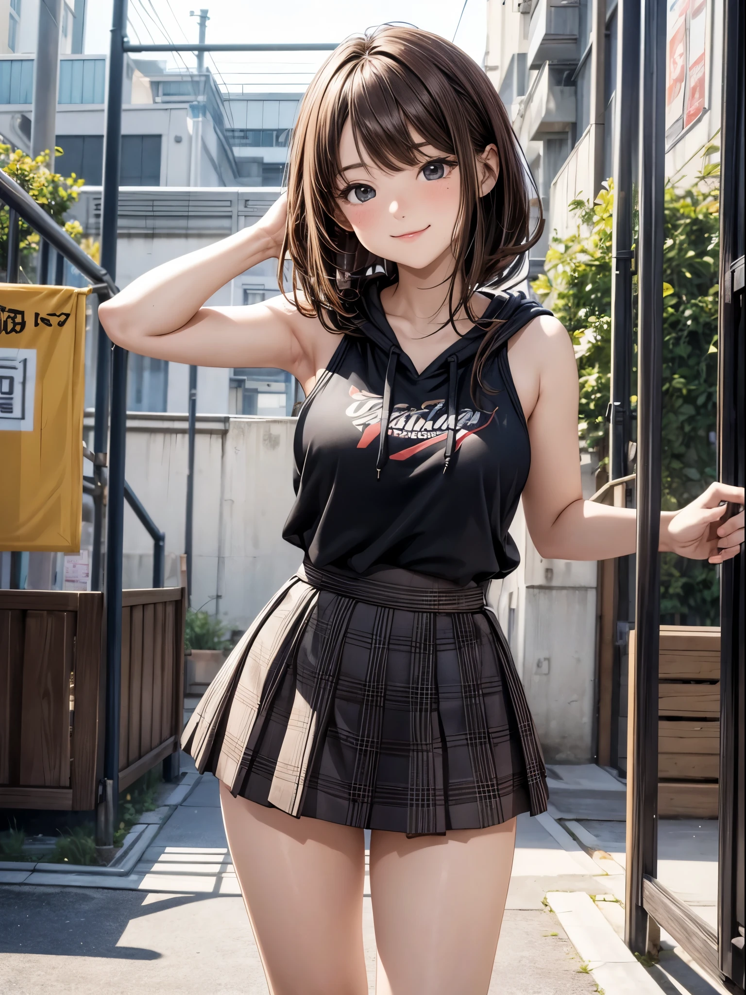 masterpiece, best quality, high quality, detailed, ultra detailed, hyper detailed, insanely detailed, exquisite, beautiful, 4K, 8K, absurdres, playground, a girl, smiling, waving at the camera, looking at viewer, semi long, brown hair, black eyes, tareme, glamorous, beautiful breasts, beautiful ass, (tank top, hoodie, mini skirt), cute face, delicate facial features, japanese idol, 20-year-old, Fun Scene, in the morning, anime, full body shot, from front, dynamic angle, sunlight